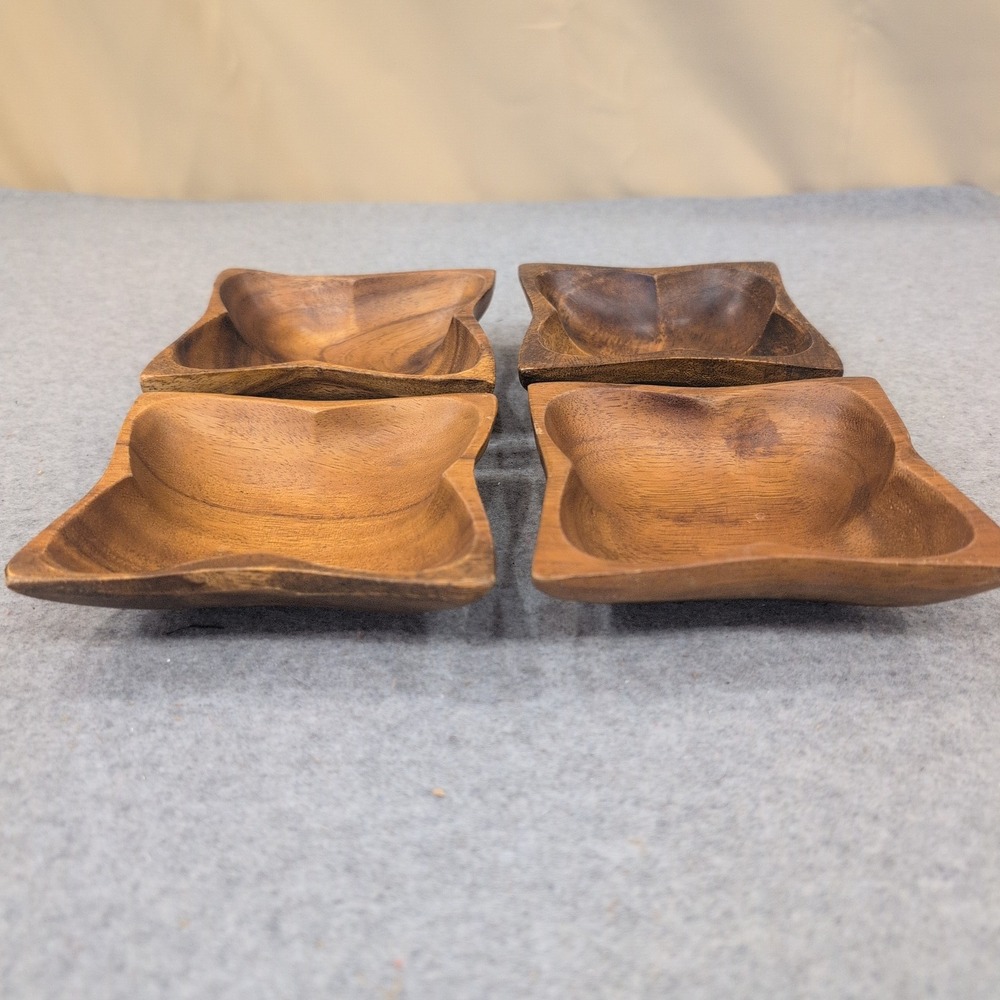 Vintage Acacia Wood Clover Snack Bowls Set of 4 Made in Philippines MCM - Picture 2 of 5